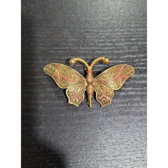 Vintage Spain Damascene Red/Black Enamel Gold Tone Butterfly Brooch Pin - Picture 2 of 7